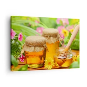 Tablou pe pânză Canvas - Borcane de miere cu flori pe fundalul unei grădini de vară - 70x50cm - Dulce și florală - Decorațiune modernă pentru perete pentru living și dormitor ARTTOR