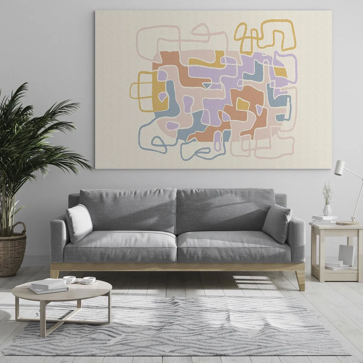 Tablou pe sticlă - Un labirint colorat de linii pe un fundal crem - 70x50cm - Labirintul - o aventură plină de bucurie - Decorațiune modernă pentru perete pentru living și dormitor ARTTOR