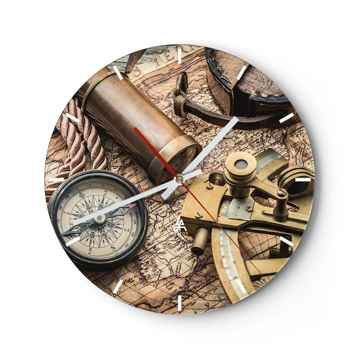Ceas de perete - Ceas pe sticlă - Set de navigație cu hartă, busolă și sextant - 30x30cm - Stabilește cursul - Decorațiune modernă pentru perete pentru living, bucătărie și dormitor ARTTOR
