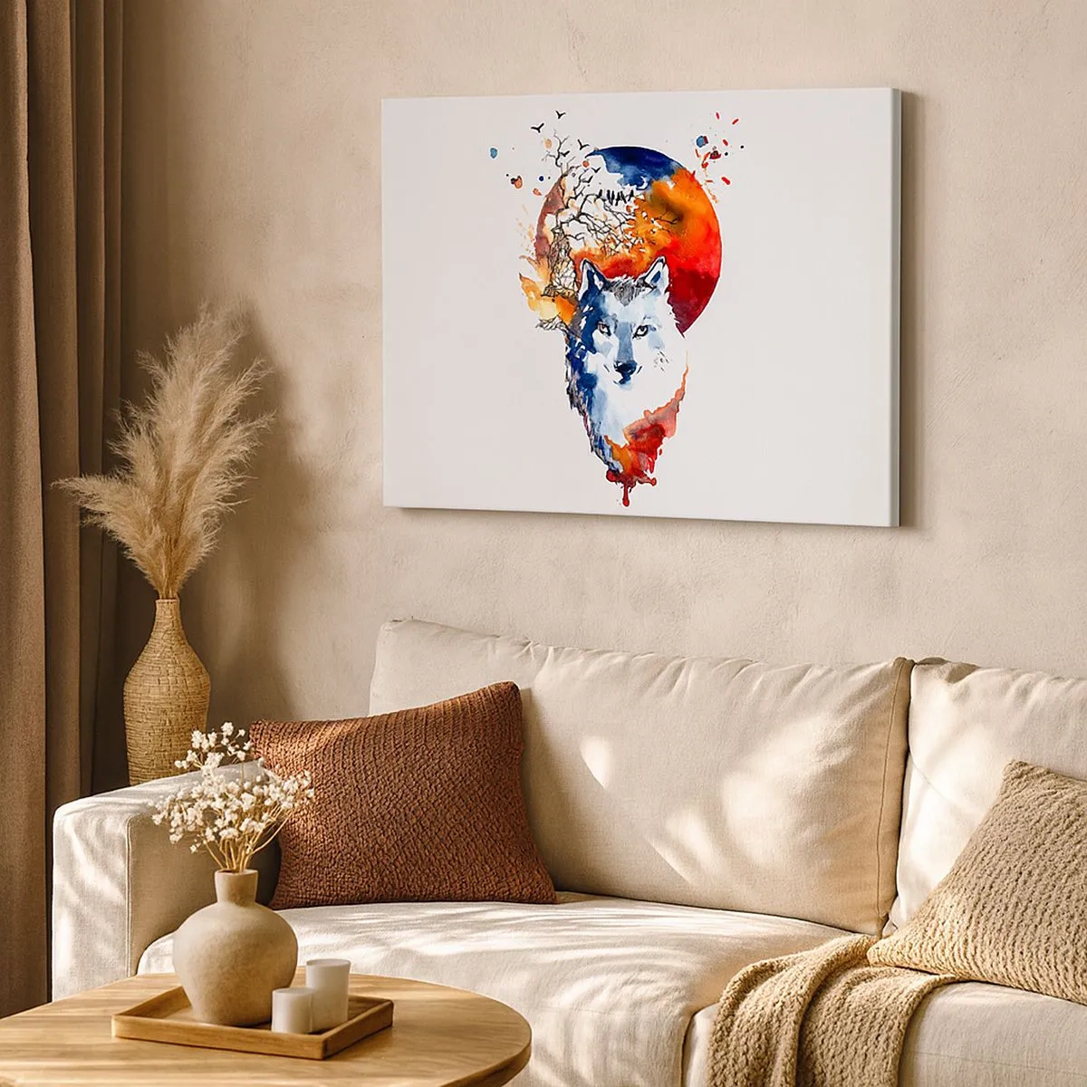 Tablou pe pânză Canvas - Pictură abstractă în acuarelă a unui lup pe fundalul unei luni roșii - 70x50cm - Bot în bot cu noaptea - Decorațiune modernă pentru perete pentru living și dormitor ARTTOR