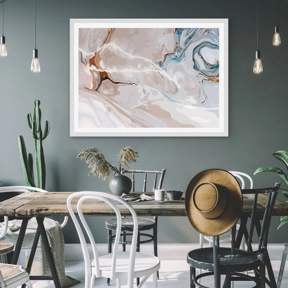 Poster în ramă albă - Meandre albastre sub alb - 100x70 cm