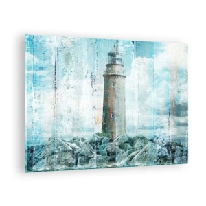 Tablou pe sticlă - Far vintage cu nori în fundal - 70x50cm - Pe lemn vechi - Decorațiune modernă pentru perete pentru living și dormitor ARTTOR