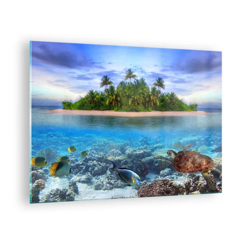 Tablou pe sticlă - O insulă tropicală cu recif de corali și viață marină - 70x50cm - Insula paradisiacă vă invită - Decorațiune modernă pentru perete pentru living și dormitor ARTTOR