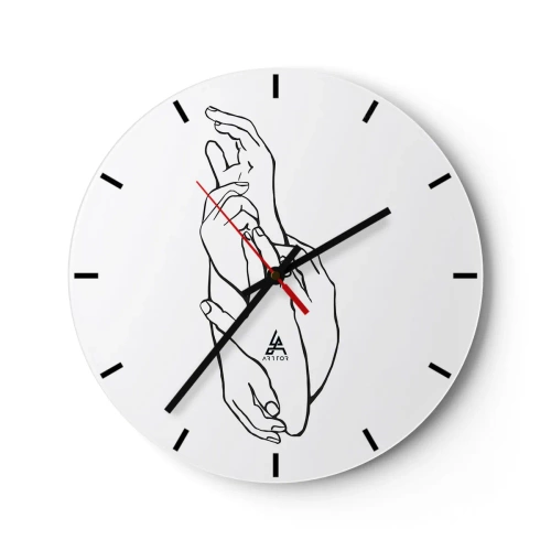 Ceas de perete - Ceas pe sticlă - O schiță delicată a două mâini împreunate pe un fundal alb - 30x30cm - Atingere bună - Decorațiune modernă pentru perete pentru living, bucătărie și dormitor ARTTOR