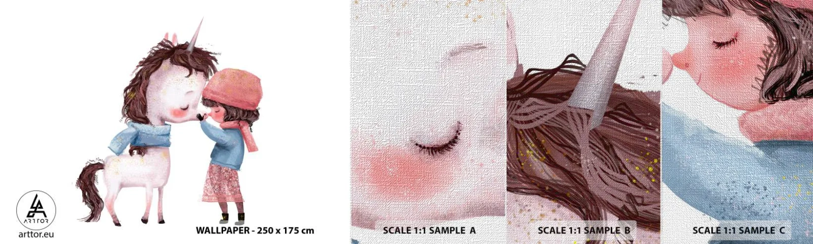 Mostră tapet Premium Canvas - O poveste de iarnă - Pentru copii, Inorog, Fată - 100x30 cm