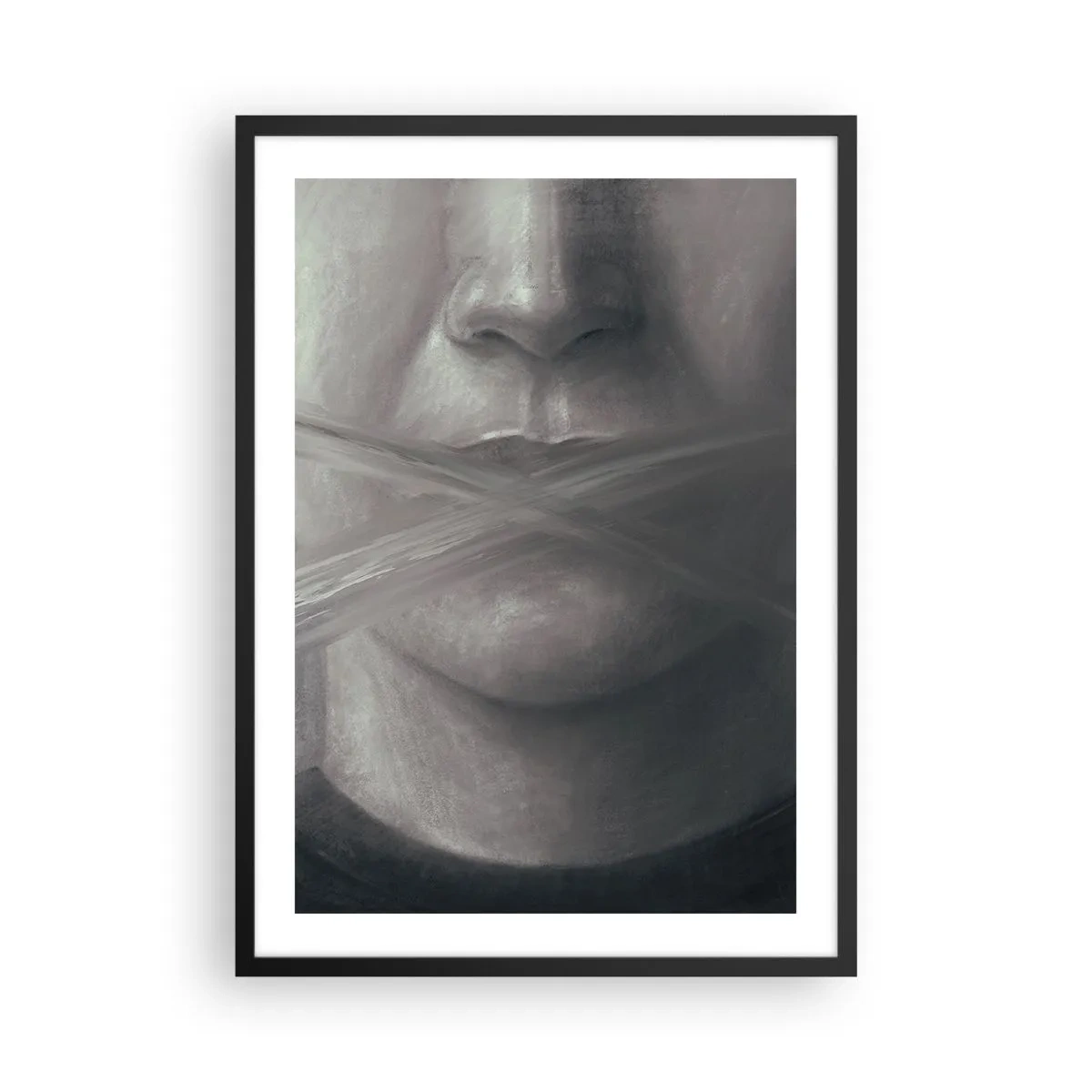Poster în ramă neagră - O față simbolică cu gura acoperită în culori monocromatice. - 50x70cm - Nici un cuvânt - Decorațiune modernă pentru perete pentru living și dormitor ARTTOR