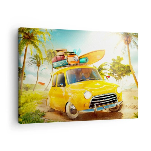 Tablou pe pânză Canvas - O mașină galbenă cu bagaje pe fundalul unui peisaj tropical - 70x50cm - O călătorie pentru mai mult decât un zâmbet - Decorațiune modernă pentru perete pentru living și dormitor ARTTOR