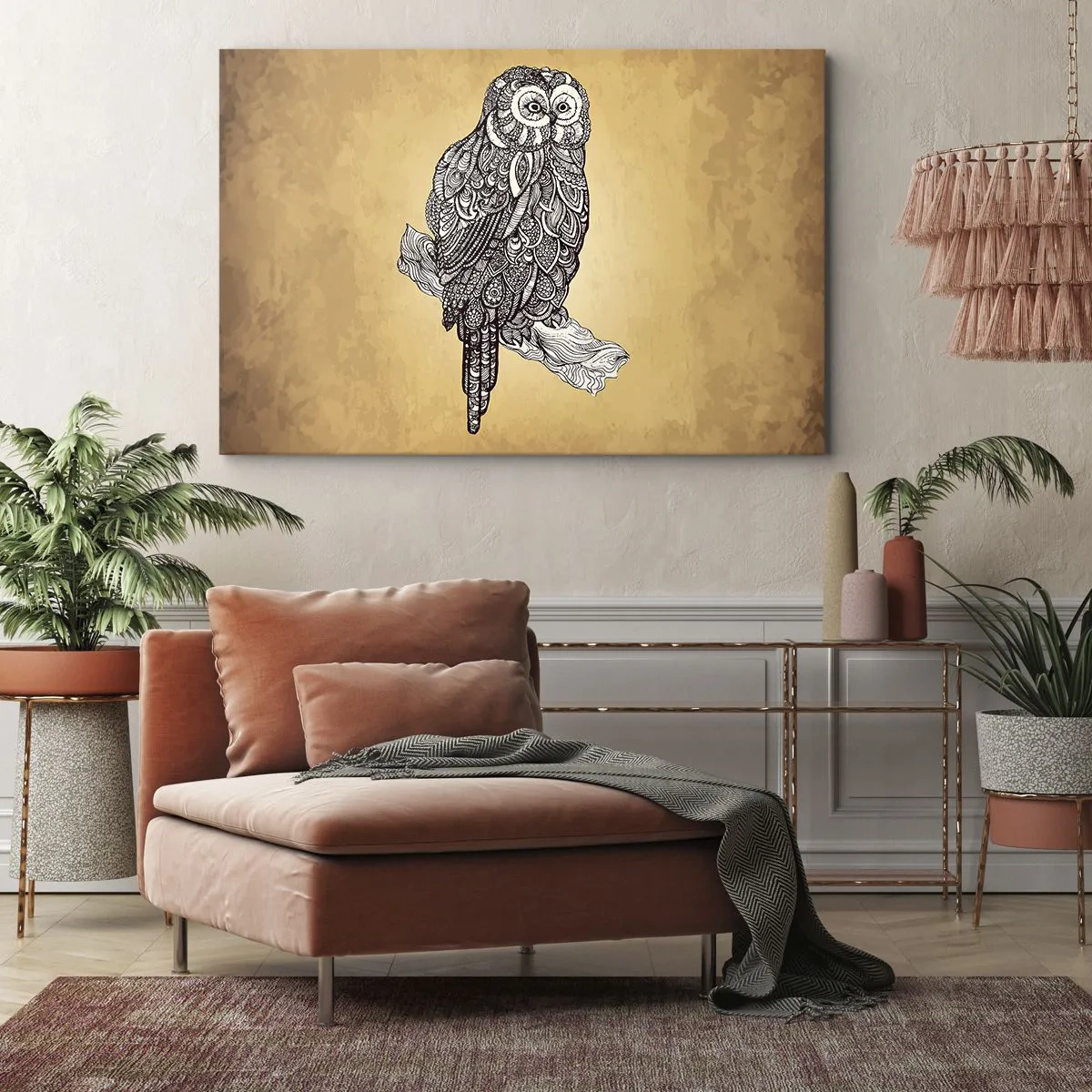Tablou pe pânză Canvas - O bufniță în stil ornamental pe un fundal bej - 70x50cm - Ornamente complicate de înțelepciune - Decorațiune modernă pentru perete pentru living și dormitor ARTTOR