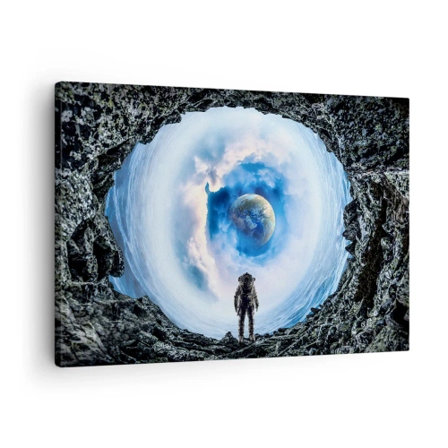 Tablou pe pânză Canvas - Astronautul pe fundalul unui peisaj spațial cu Pământul în fundal - 70x50cm - Nu departe de casă - Decorațiune modernă pentru perete pentru living și dormitor ARTTOR