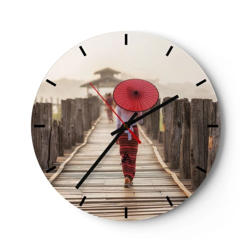 Ceas de perete - Ceas pe sticlă - O femeie cu o umbrelă roșie pe un pod de lemn - 30x30cm - Pe podul vechi - Decorațiune modernă pentru perete pentru living, bucătărie și dormitor ARTTOR