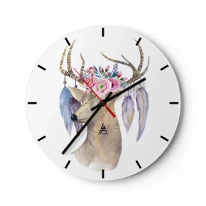 Ceas de perete - Ceas pe sticlă - Desen artistic al unui cerb cu flori pe coarne și pene - 30x30cm - Ghidul sufletului - blând, inocent - Decorațiune modernă pentru perete pentru living, bucătărie și dormitor ARTTOR
