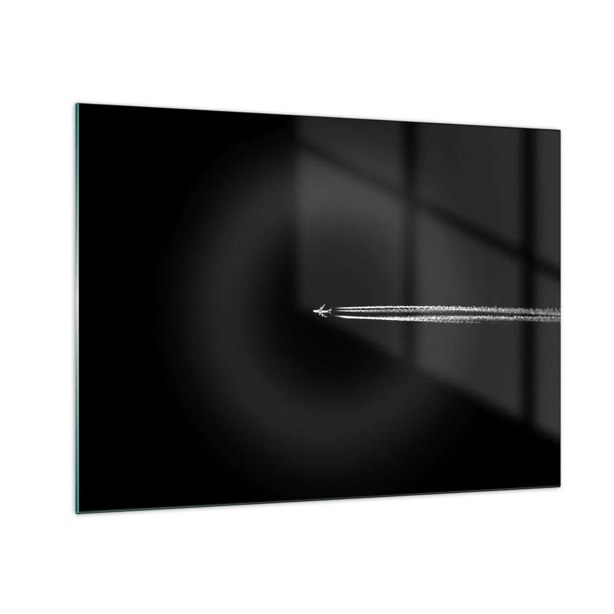 Tablou pe sticlă - Un avion cu reacție pe un fundal negru cu o dâră de condensare - 70x50cm - Într-o altă dimensiune - Decorațiune modernă pentru perete pentru living și dormitor ARTTOR