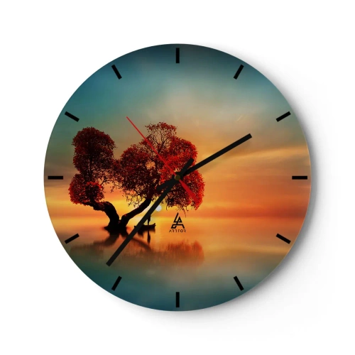 Ceas de perete - Ceas pe sticlă - Copac în formă de inimă pe apă la apus - 30x30cm - Lume îndepărtată și tăcută - Decorațiune modernă pentru perete pentru living, bucătărie și dormitor ARTTOR