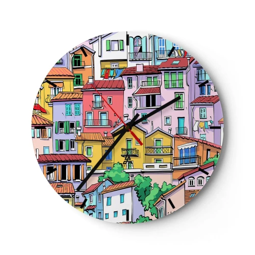Ceas de perete - Ceas pe sticlă - Case de locuit colorate într-un stil ilustrativ - 30x30cm - Oraș vesel - Decorațiune modernă pentru perete pentru living, bucătărie și dormitor ARTTOR