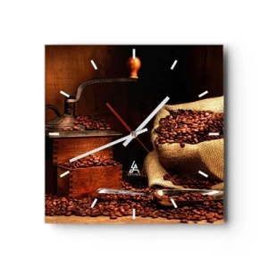 Ceas de perete - Ceas pe sticlă - Natură moartă cu boabe de cafea și măcinător - 30x30 cm