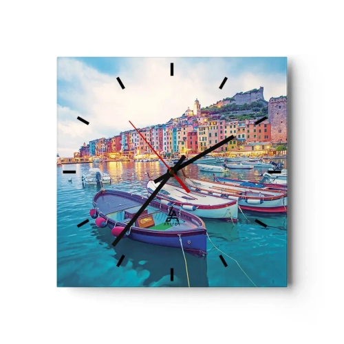Ceas de perete - Ceas pe sticlă - O seară plină de culoare în port - 30x30 cm