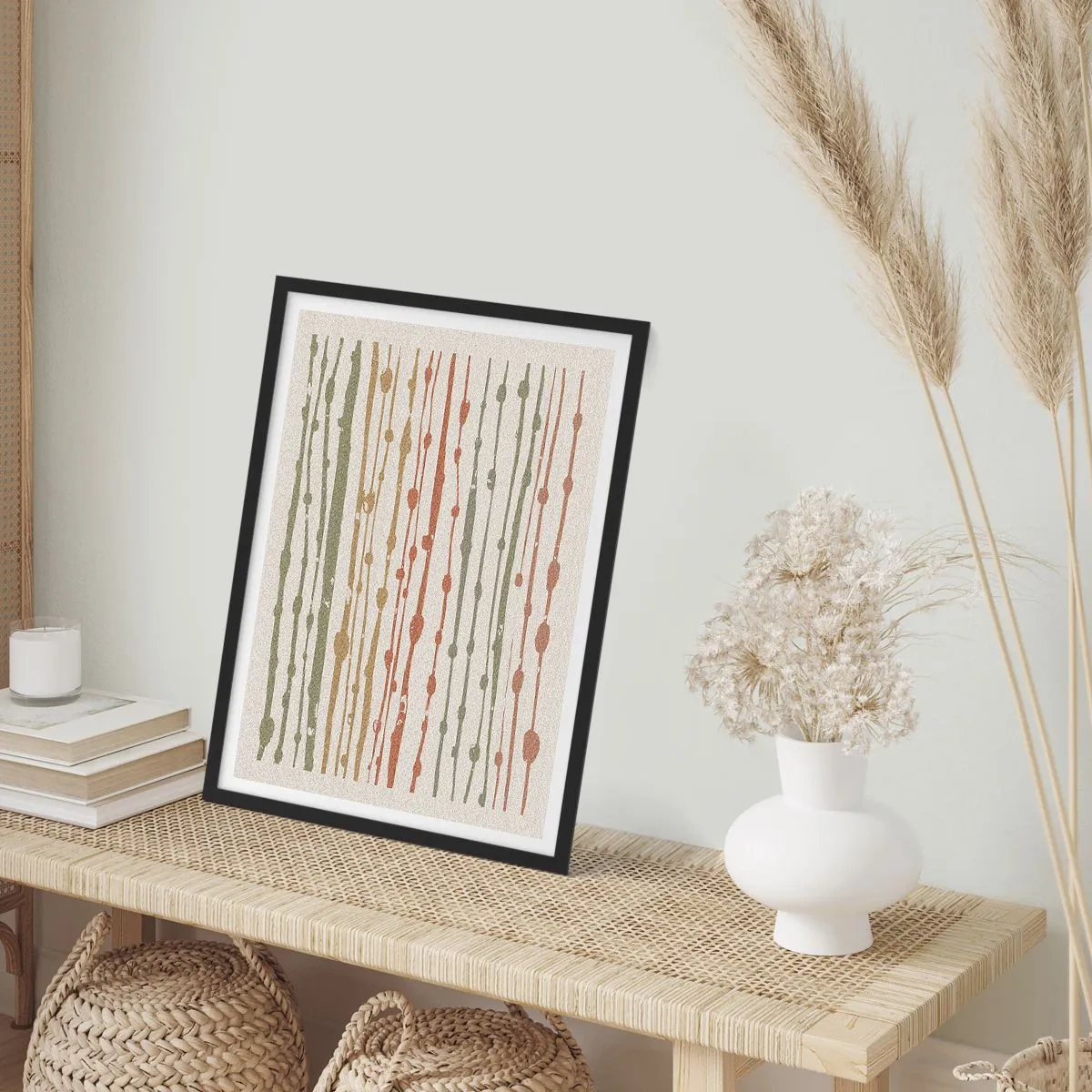 Poster în ramă neagră - Linii verticale abstracte în nuanțe naturale - 50x70cm - Notația culorilor muzicale - Decorațiune modernă pentru perete pentru living și dormitor ARTTOR