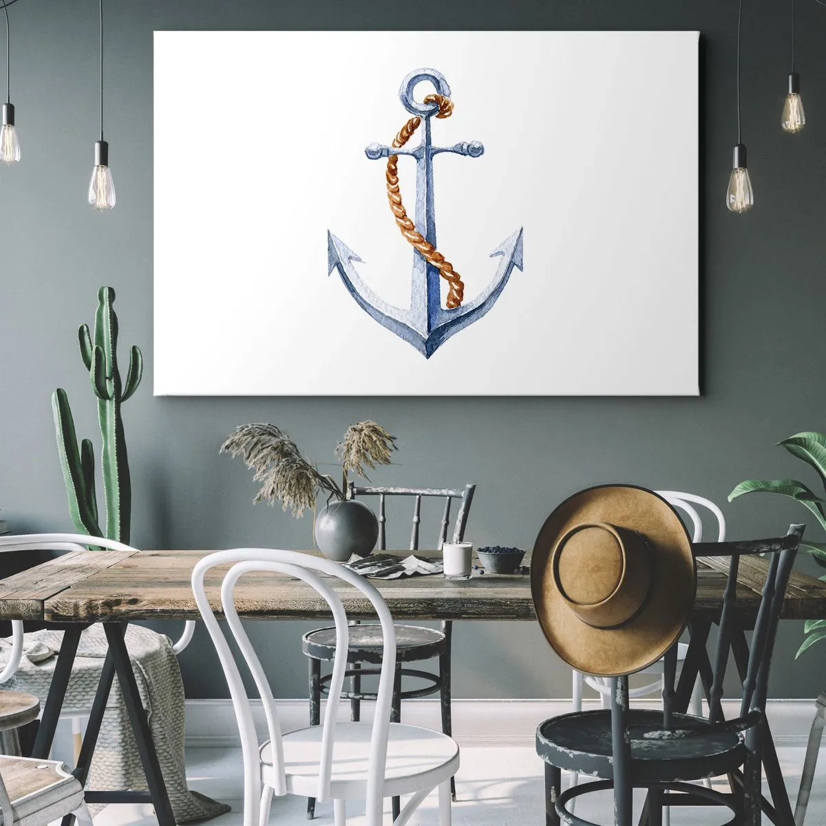 Tablou pe pânză Canvas - Ancoră cu frânghie în stil acuarelă - 70x50cm - Ahoy aventura! - Decorațiune modernă pentru perete pentru living și dormitor ARTTOR