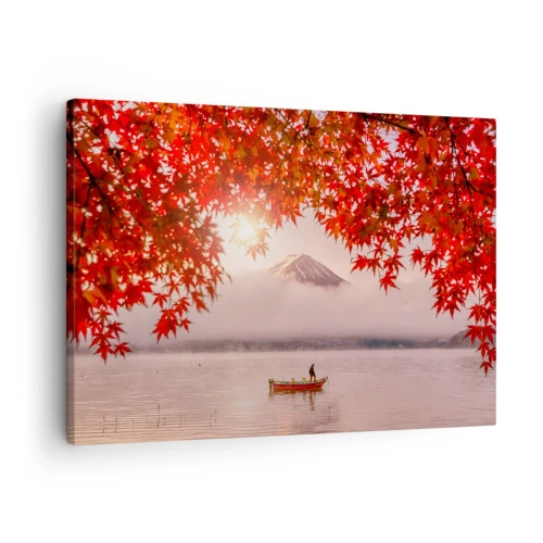Tablou pe pânză Canvas - O barcă pe un lac înconjurată de frunze roșii de arțar - 70x50cm - În stil japonez - Decorațiune modernă pentru perete pentru living și dormitor ARTTOR