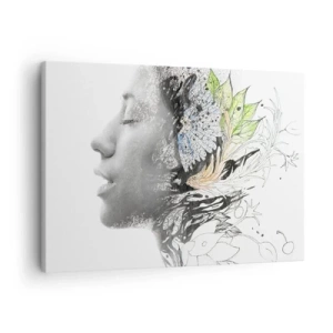 Tablou pe pânză Canvas - Profilul unei femei într-un colaj artistic de natură și negru - 70x50cm - Scufundată în natură - Decorațiune modernă pentru perete pentru living și dormitor ARTTOR