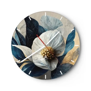 Ceas de perete - Ceas pe sticlă - Un aranjament floral alb cu frunze bleumarin și centru auriu - 30x30cm - Are o inimă de aur - Decorațiune modernă pentru perete pentru living, bucătărie și dormitor ARTTOR