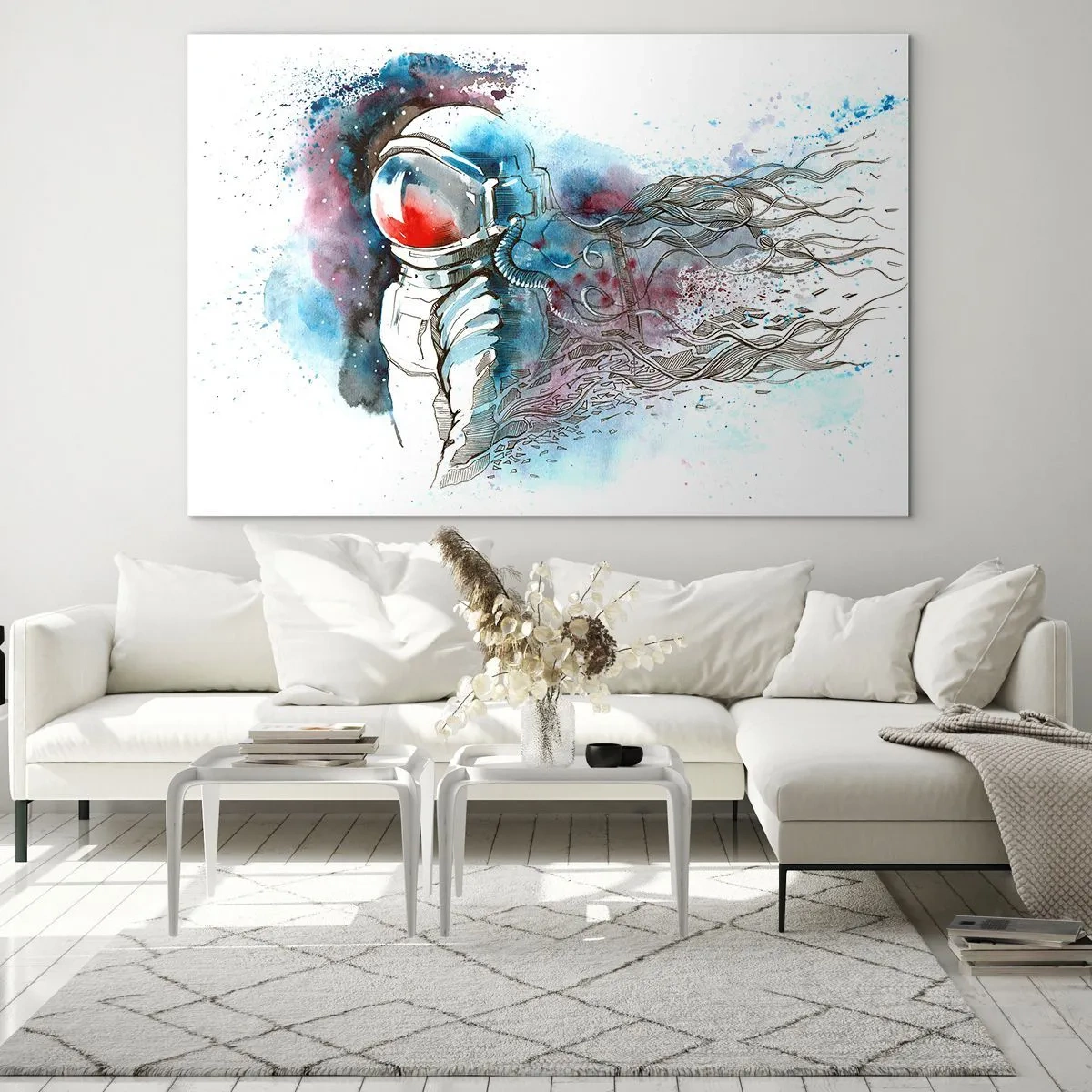 Tablou pe sticlă - Astronautul într-un decor spațial dinamic în acuarelă - 70x50cm - Singur cu cosmosul - Decorațiune modernă pentru perete pentru living și dormitor ARTTOR