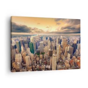 Tablou pe pânză Canvas - Panoramă a orașului cu vedere la zgârie-nori la apus - 70x50cm - O metropolă aurită - Decorațiune modernă pentru perete pentru living și dormitor ARTTOR
