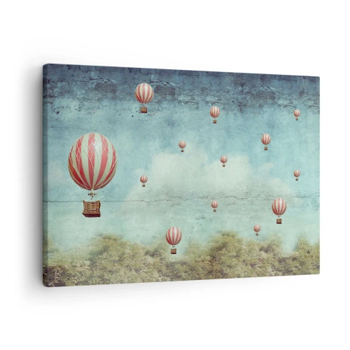 Tablou pe pânză Canvas - Baloane retro pe un fundal de cer albastru și verdeață - 70x50cm - Liber de agitația vieții - Decorațiune modernă pentru perete pentru living și dormitor ARTTOR