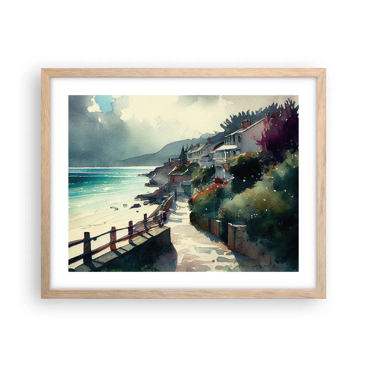 Poster în ramă de stejar deschis - Orășel mediteraneean - 50x40 cm