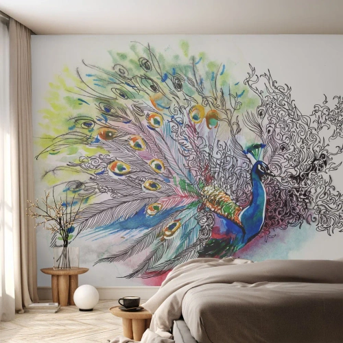 Tapet Standard Eco - Cu mândrie împotriva griului - Pasăre, Păun, pene - 200x140 cm