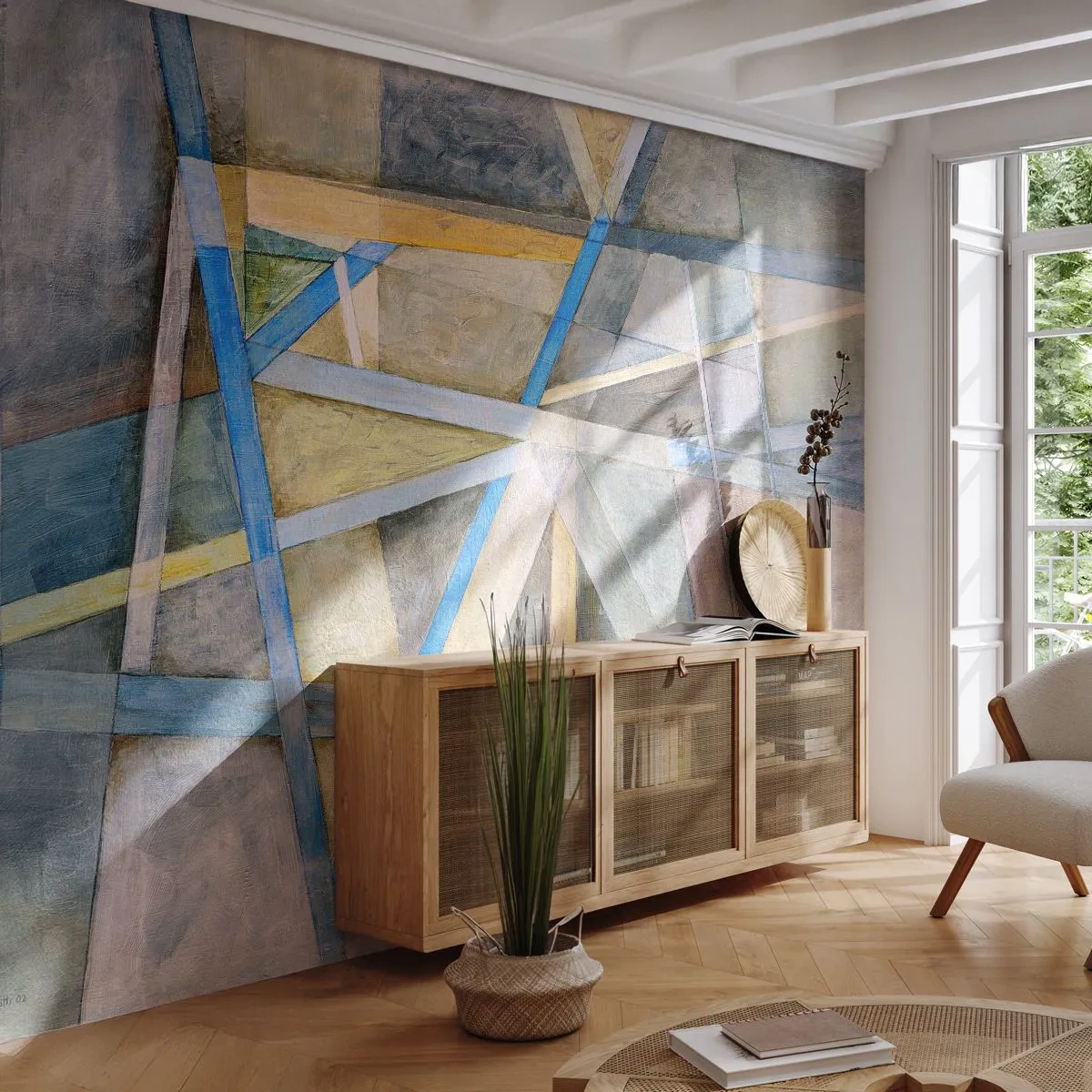 Tapet Standard Eco - Abstracție geometrică în nuanțe de albastru și bej - 100x70cm - Drept sau de-a curmezișul? - Decorațiune modernă pentru perete pentru living și dormitor ARTTOR