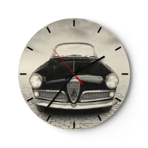 Ceas de perete - Ceas pe sticlă - Partea din față a unei mașini retro clasice pe un drum pietruit - 30x30cm - Și cum să nu mă iubești? - Decorațiune modernă pentru perete pentru living, bucătărie și dormitor ARTTOR