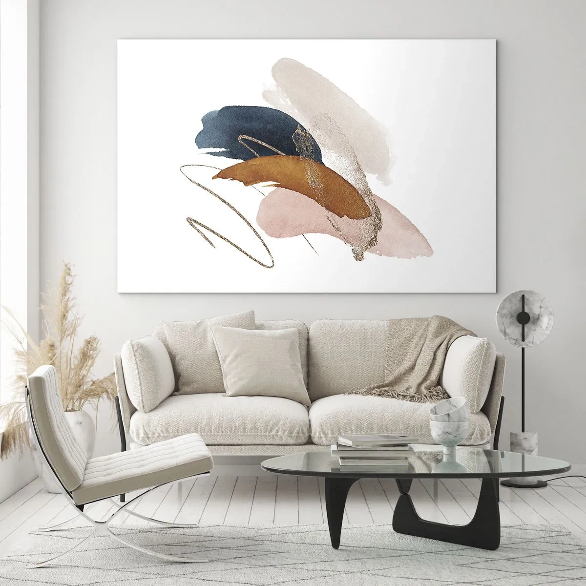 Tablou pe sticlă - Pensule abstracte în culori estompate - 70x50cm - Compoziție înaripată - Decorațiune modernă pentru perete pentru living și dormitor ARTTOR