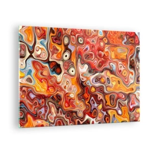 Tablou pe sticlă - Compoziție abstractă în nuanțe de portocaliu și roșu - 70x50cm - Dacă nucile s-au topit în miere - Decorațiune modernă pentru perete pentru living și dormitor ARTTOR