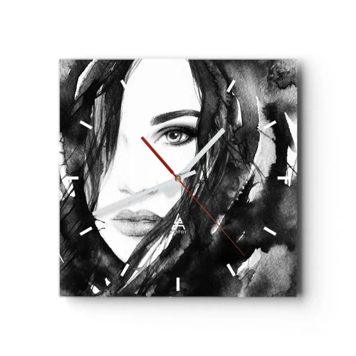 Ceas de perete - Ceas pe sticlă - Studiu unei dame în alb și negru - 30x30 cm