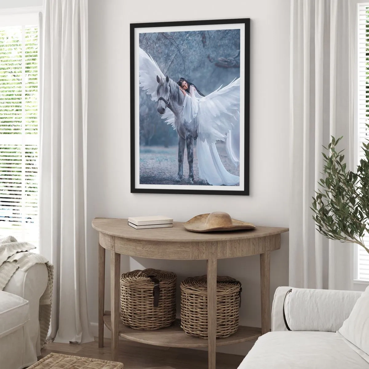 Poster în ramă neagră - Pegas cu aripi albe și o figură eterică - 50x70cm - Moment inspirat - Decorațiune modernă pentru perete pentru living și dormitor ARTTOR