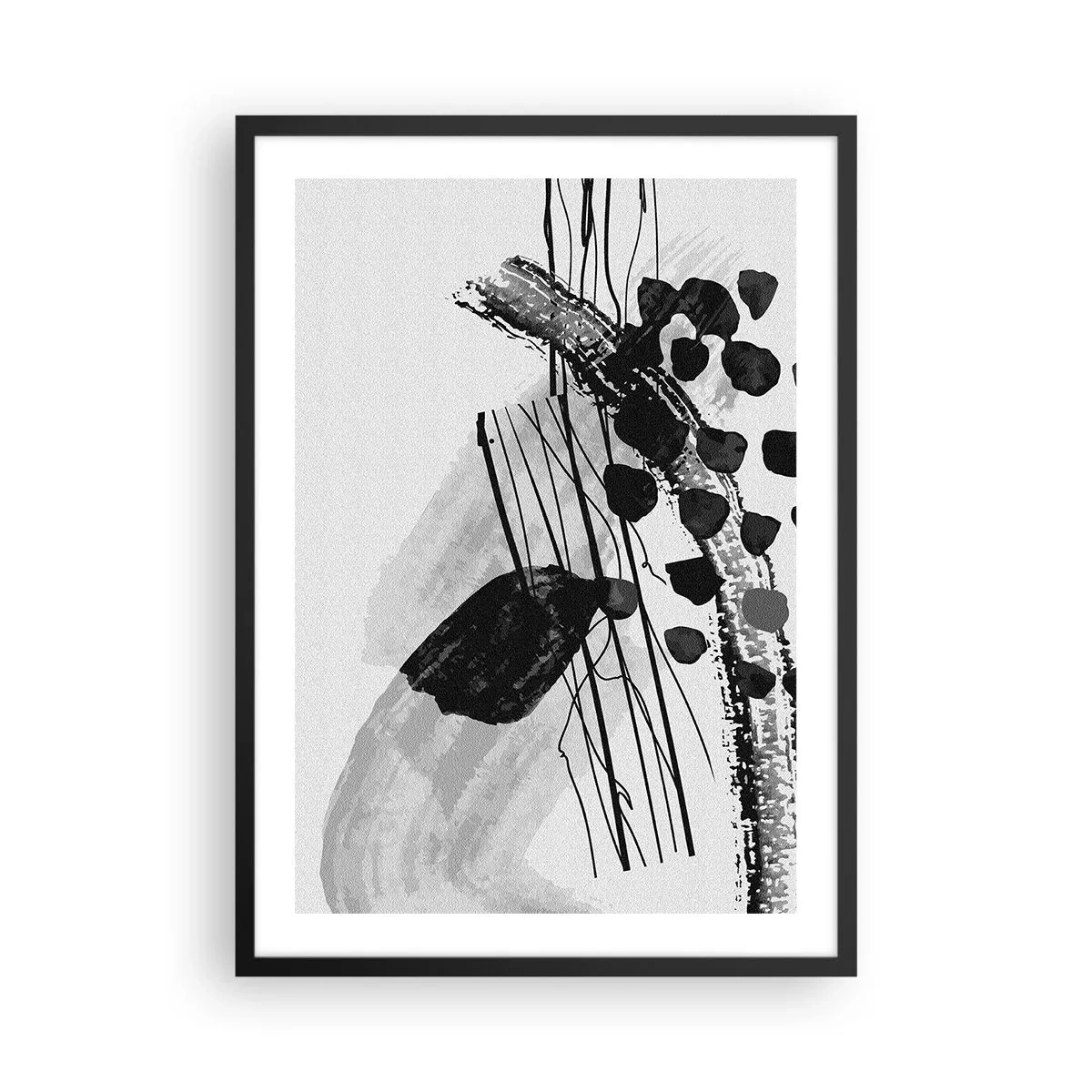 Poster în ramă neagră - Abstracție modernă în alb și negru cu linii dinamice - 50x70cm - Abstracție organică în negru și alb - Decorațiune modernă pentru perete pentru living și dormitor ARTTOR