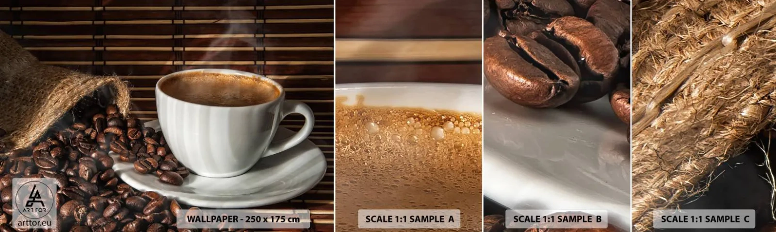 Mostră tapet autocolant Deluxe Sticker - Negru de cărbune, transparență de chihlimbar - Gastronomie, Cafea, ceașcă de cafea - 100x30 cm