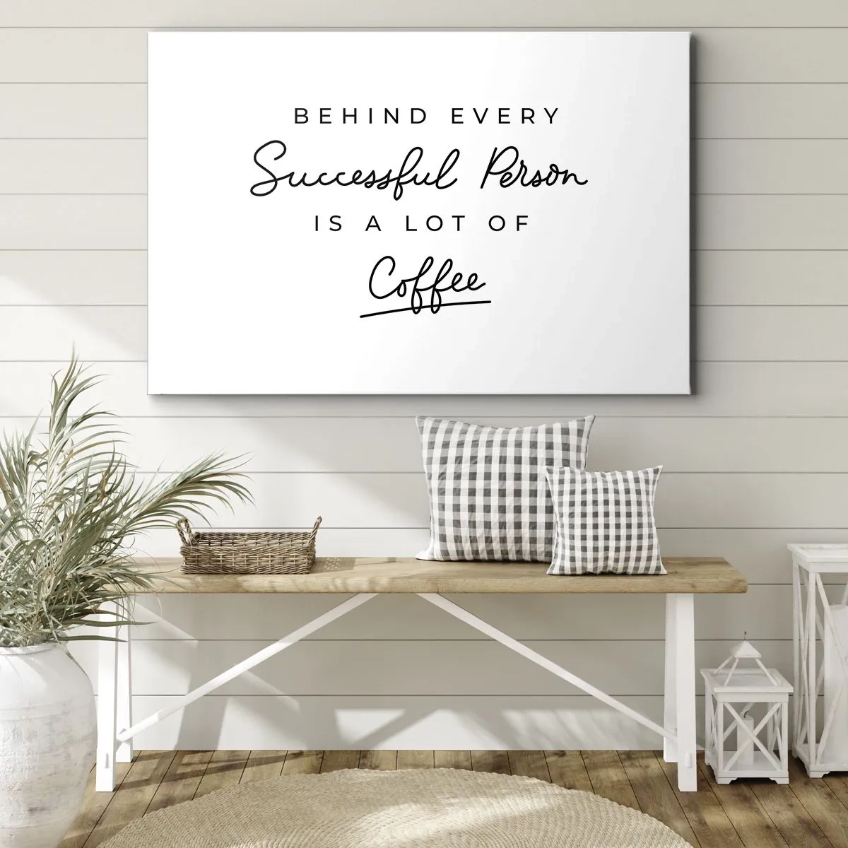 Tablou pe pânză Canvas - Un citat minimalist despre succes și cafea pe fundal alb. - 70x50cm - Secretul succesului - Decorațiune modernă pentru perete pentru living și dormitor ARTTOR