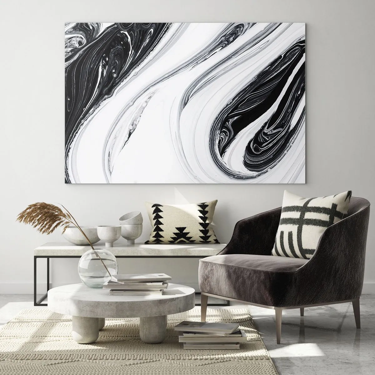 Tablou pe sticlă - Linii învolburate alb-negru care seamănă cu marmura într-un stil abstract - 70x50cm - Combinație de contrarii - Decorațiune modernă pentru perete pentru living și dormitor ARTTOR