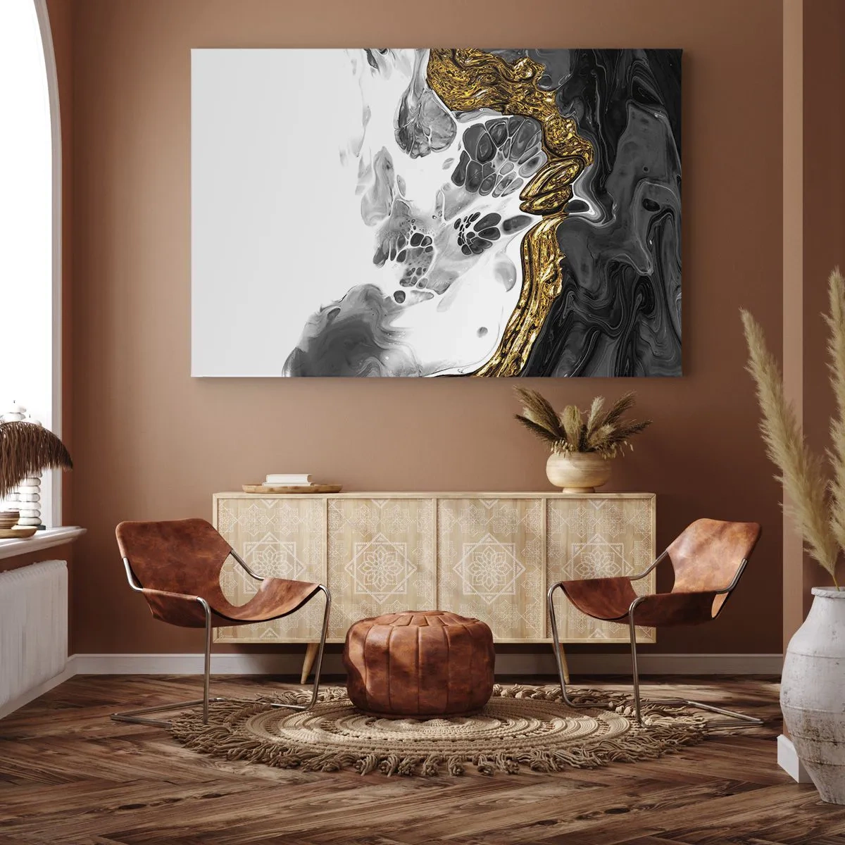 Tablou pe pânză Canvas - O compoziție abstractă cu accente de auriu și negru. - 70x50cm - Compoziție organică - Decorațiune modernă pentru perete pentru living și dormitor ARTTOR