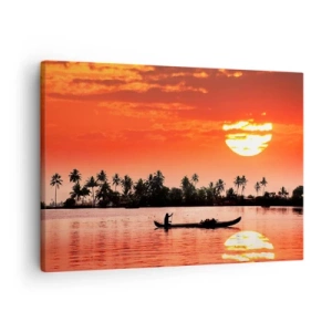 Tablou pe pânză Canvas - Apus de soare tropical cu o barcă și palmieri în fundal - 70x50cm - Liniștea tropicelor la apus de soare - Decorațiune modernă pentru perete pentru living și dormitor ARTTOR