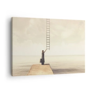 Tablou pe pânză Canvas - O femeie stând pe un dig cu o scară care duce spre cer - 70x50cm - O călătorie conceptuală - Decorațiune modernă pentru perete pentru living și dormitor ARTTOR