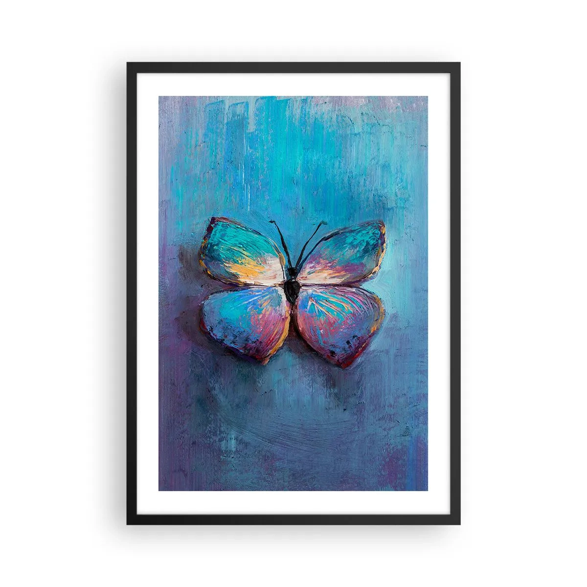 Poster în ramă neagră - Un fluture în culori intense pe un fundal albastru - 50x70cm - În plină glorie - Decorațiune modernă pentru perete pentru living și dormitor ARTTOR