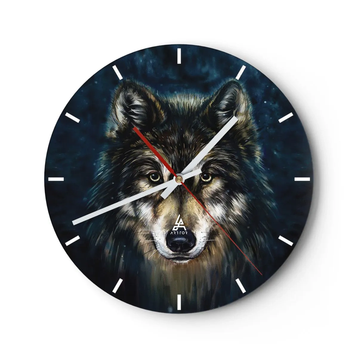 Ceas de perete - Ceas pe sticlă - Portretul unui lup pe un cer albastru închis - 30x30cm - Alfa? Și omega - Decorațiune modernă pentru perete pentru living, bucătărie și dormitor ARTTOR