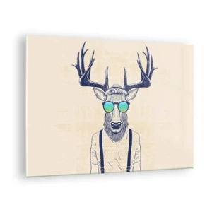 Tablou pe sticlă - Un cerb elegant cu ochelari de soare pe un fundal deschis - 70x50cm - Și la cine te așteptai? - Decorațiune modernă pentru perete pentru living și dormitor ARTTOR