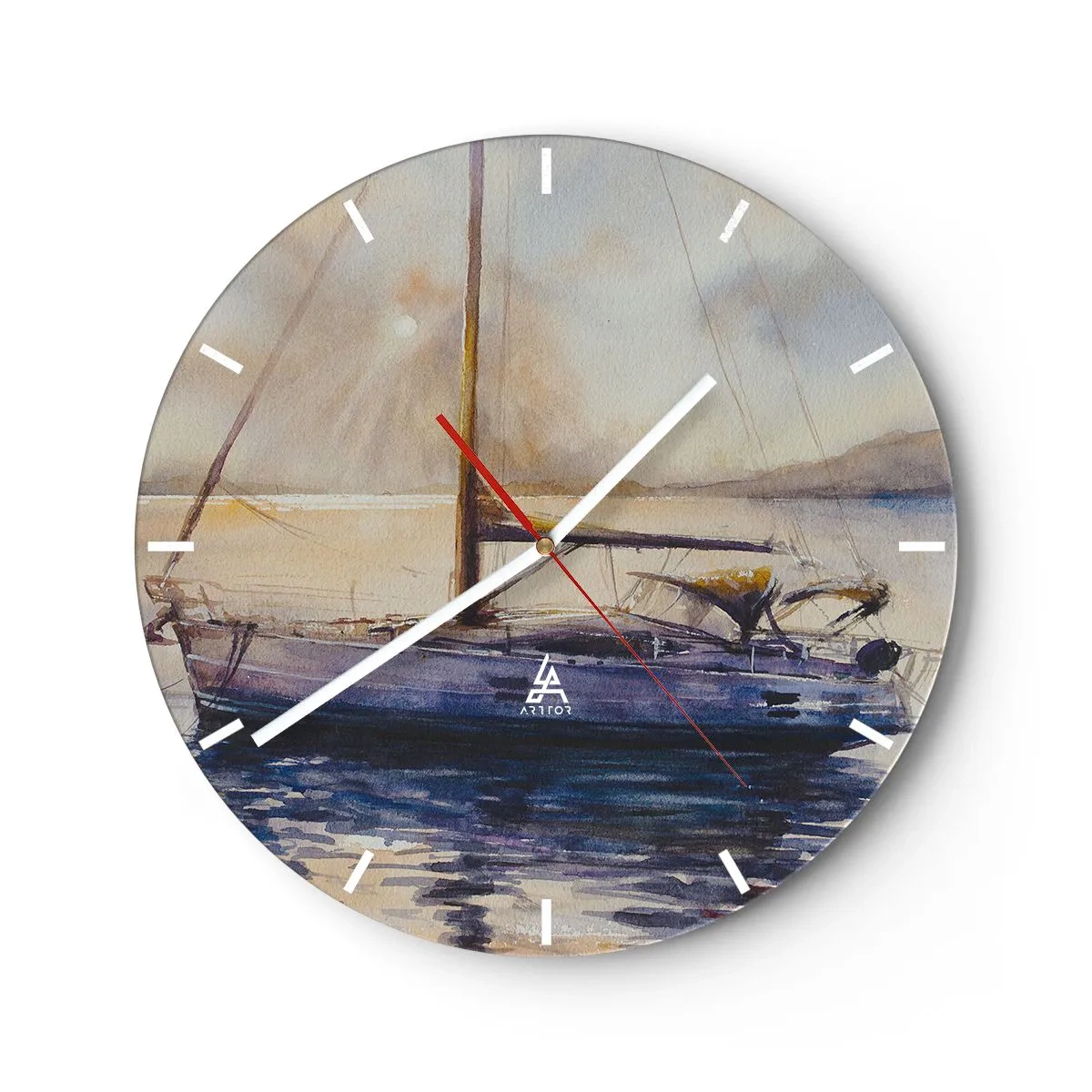 Ceas de perete - Ceas pe sticlă - Un iaht pe apă la apus, în stil acuarelă - 30x30cm - O seară în golf - Decorațiune modernă pentru perete pentru living, bucătărie și dormitor ARTTOR