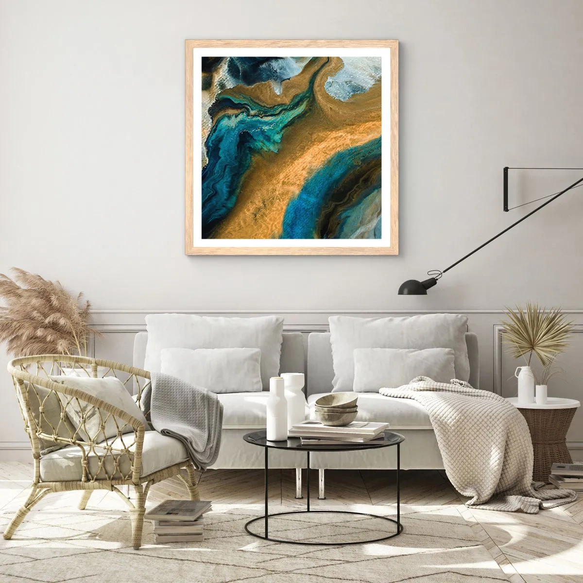 Poster în ramă de stejar deschis - Albastru - galben - influență reciprocă - 40x40 cm