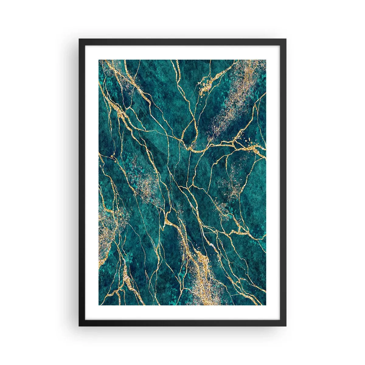 Poster în ramă neagră - Vene aurii abstracte pe un fundal de marmură verde - 50x70cm - Filon de aur - Decorațiune modernă pentru perete pentru living și dormitor ARTTOR