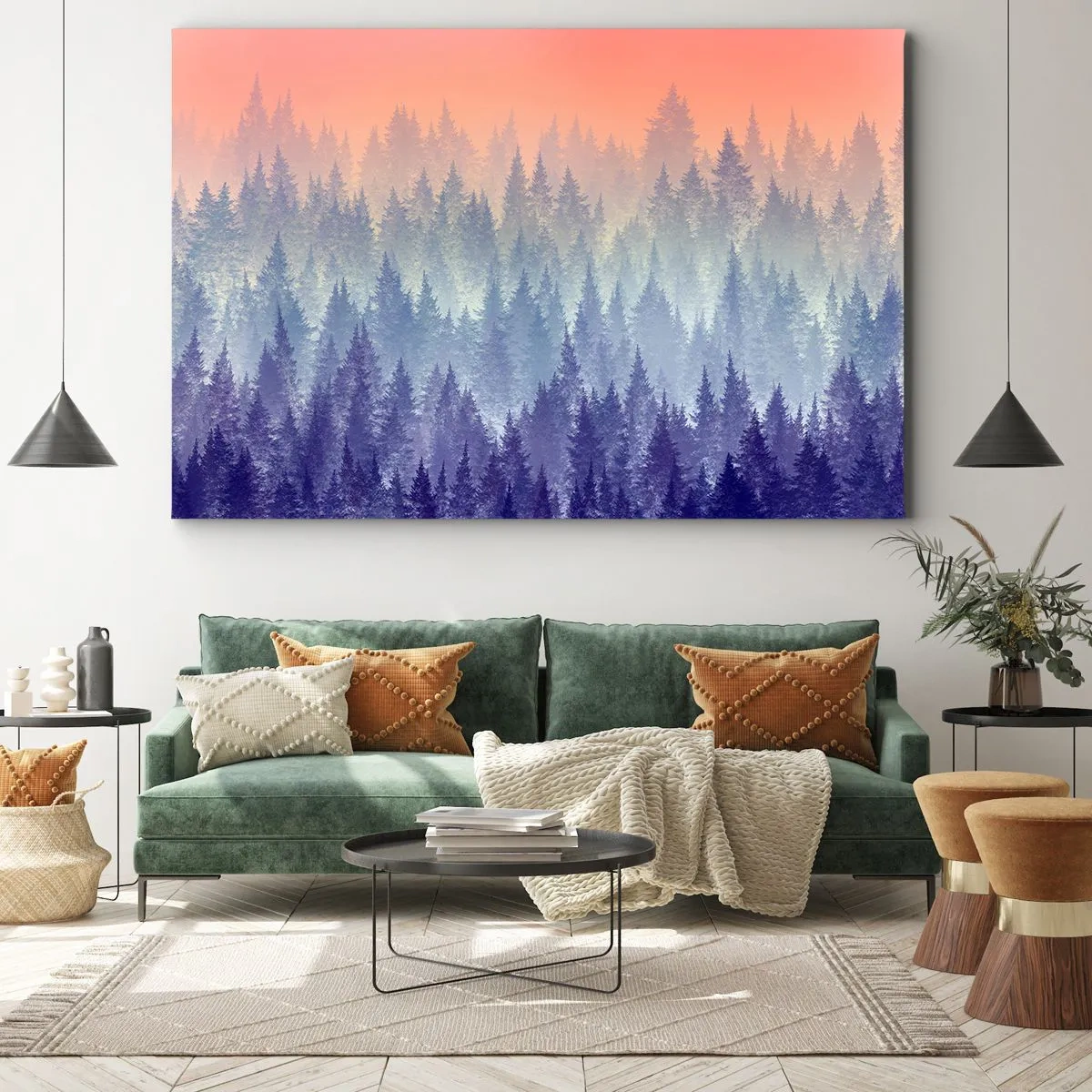 Tablou pe pânză Canvas - O pădure învăluită în ceață în nuanțe de violet și portocaliu - 70x50cm - Sus, mai sus, spre cer - Decorațiune modernă pentru perete pentru living și dormitor ARTTOR